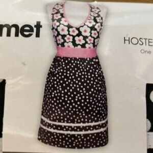 Mid Century Hostess Apron BLACK/WHITE Polka Dots - White/Pink Flowers